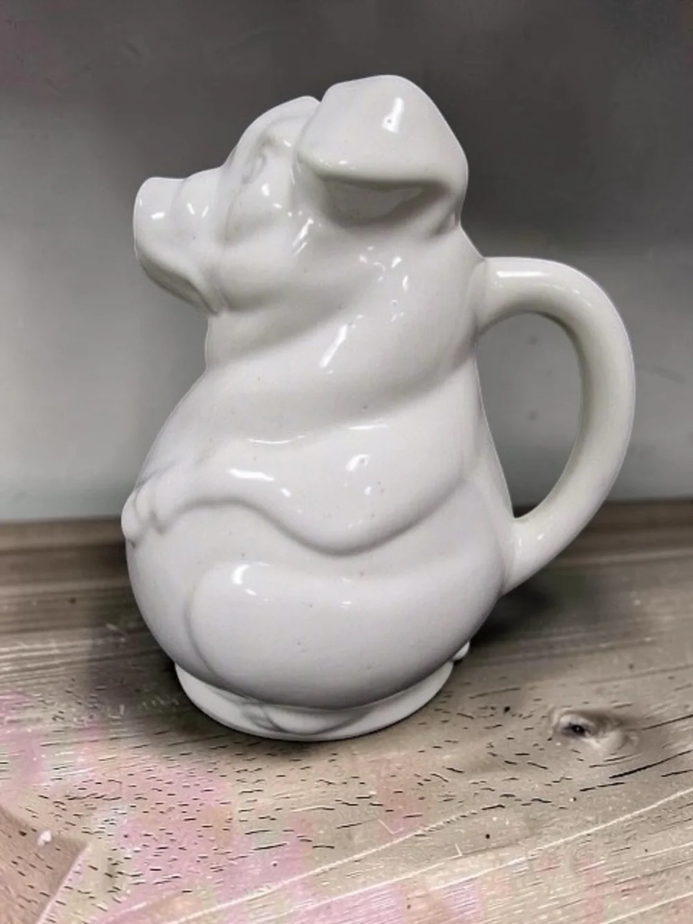 Vintage White Ceramic Pig Pitcher 10” Figural Hog Farmhouse Kitchen Jug